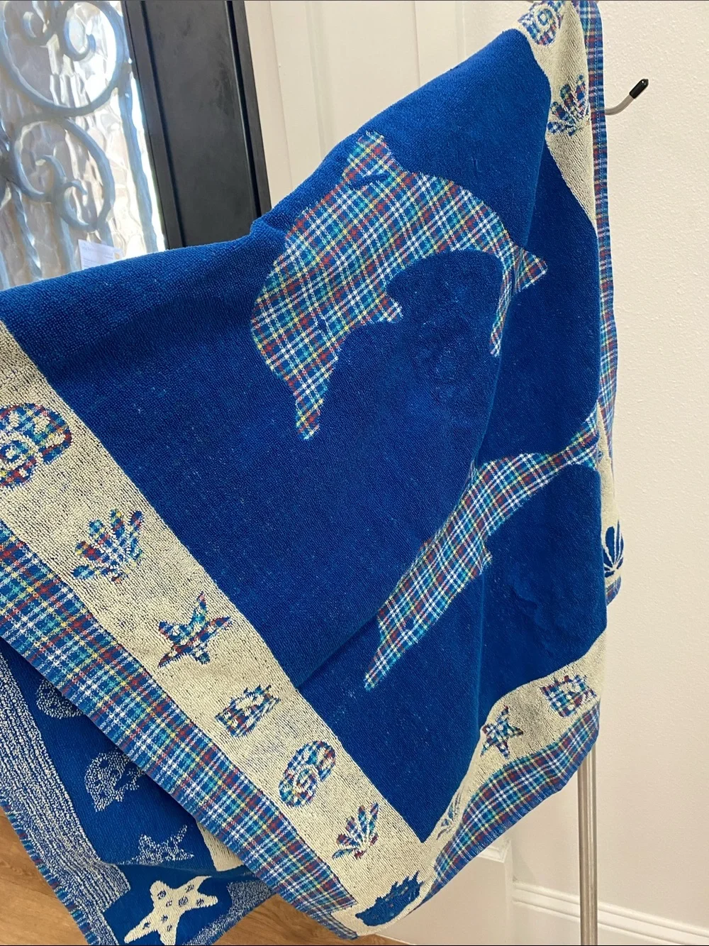 Vtg Beach Towel Dolphin Blue Plaid  Seashells Accent Nautical Cotton Beach Towel